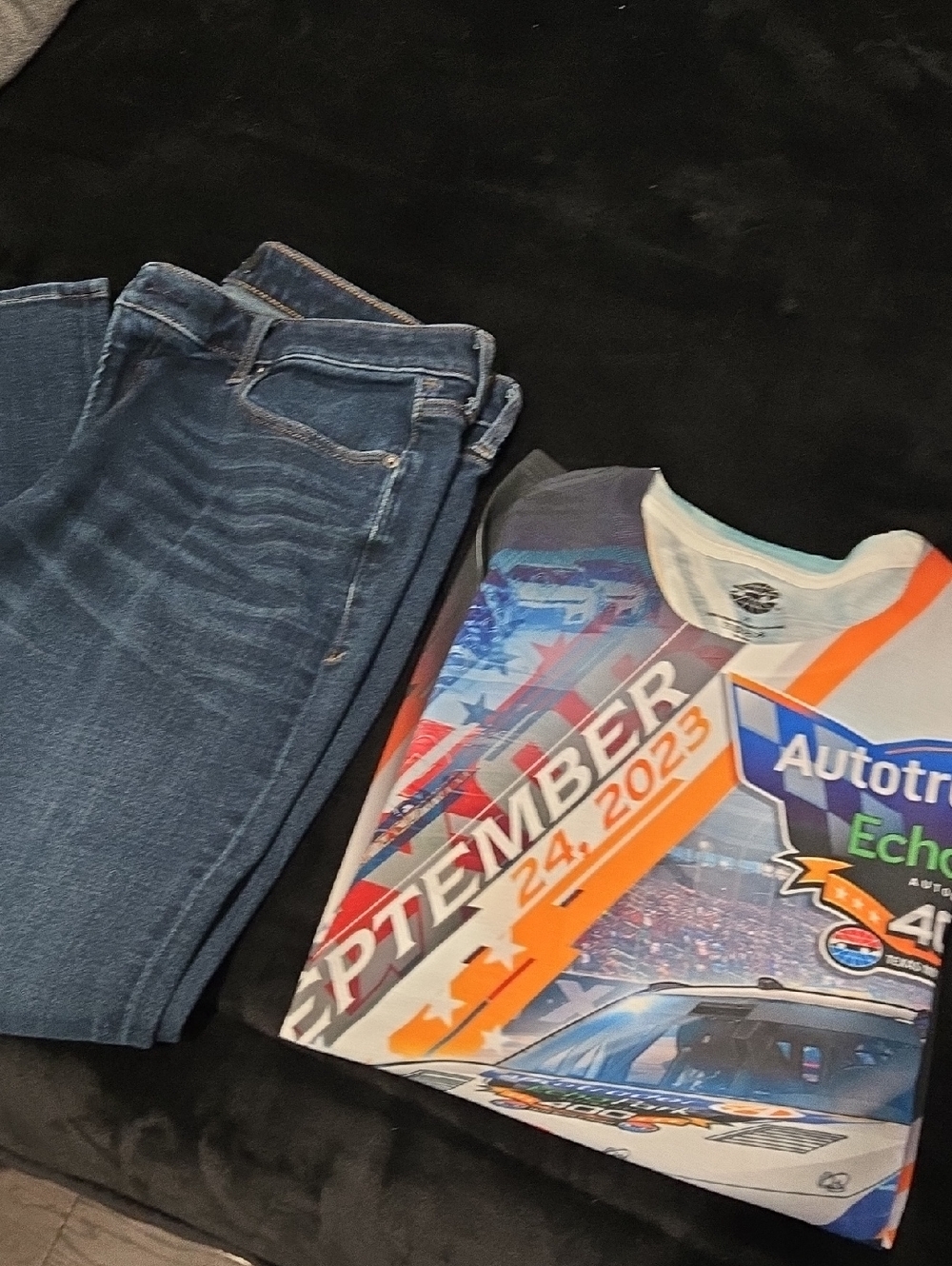 Express Dark Blue Denim Jeans with Orange Stitching And Texas NASCAR Shirt